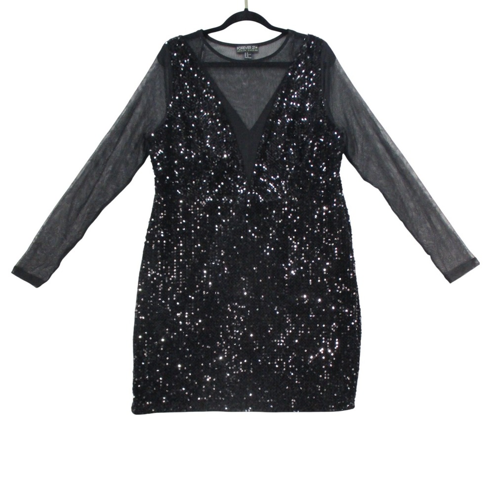 Forever 21+ Black Sequin Mesh Long Sleeve V-Neck Mini Bodycon Dress Plus Size 1X